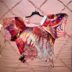 Passport Women’s Size M Abstract Print Sheer Blouse Y2K.